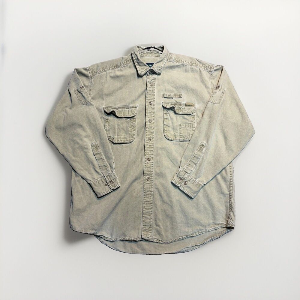 1996 Camel Cigarettes Men's XL Heavy Canvas Button-Up Safari Shirt Tan Distress